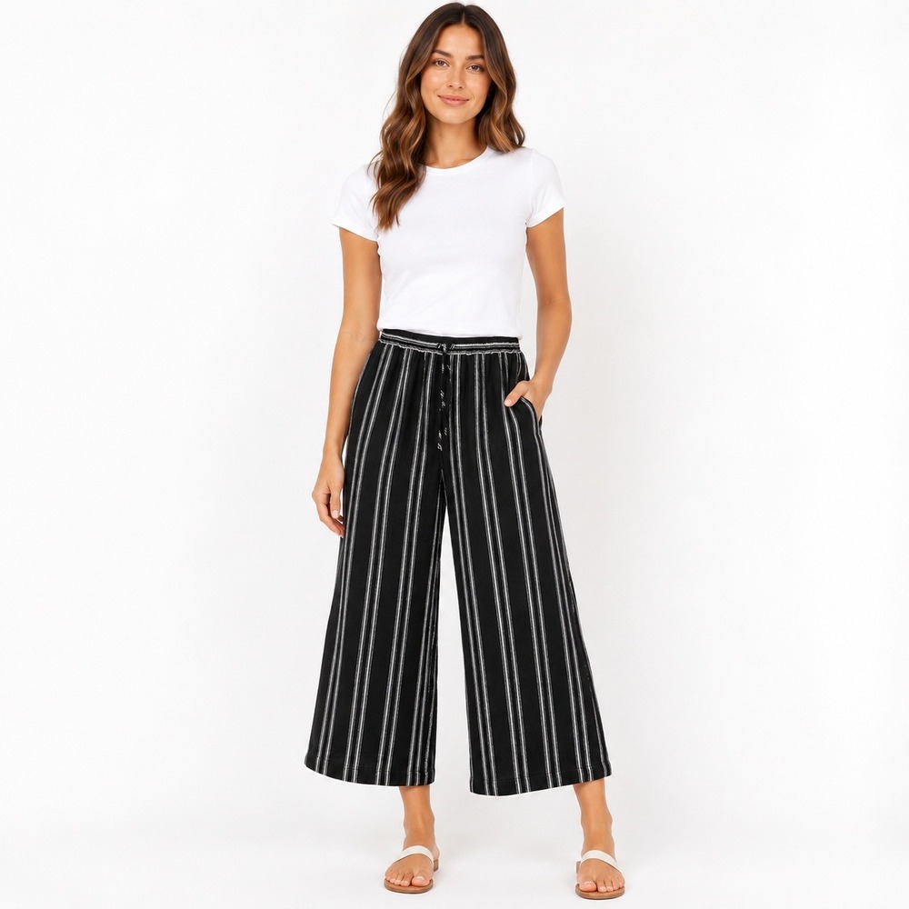 Tribal Jeans Linen Blend Wide Leg Pants Womens L Black White Striped Drawstring